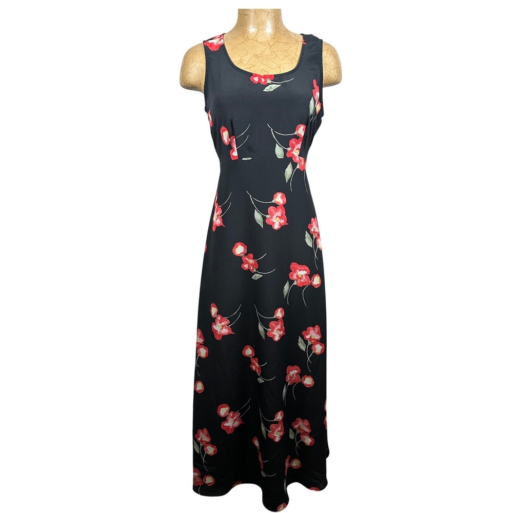 Vintage 90s Black Floral Sleeveless Maxi Dress Tie Back Whimsigoth Y2K Goth